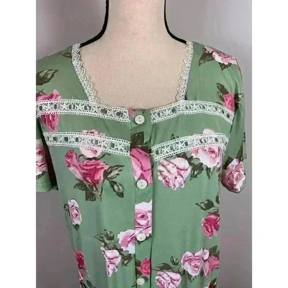 Joan Vass NWT Nightgown Green Pink Floral Buttons Pockets Long Lace M MSRP $58 - Picture 2 of 14